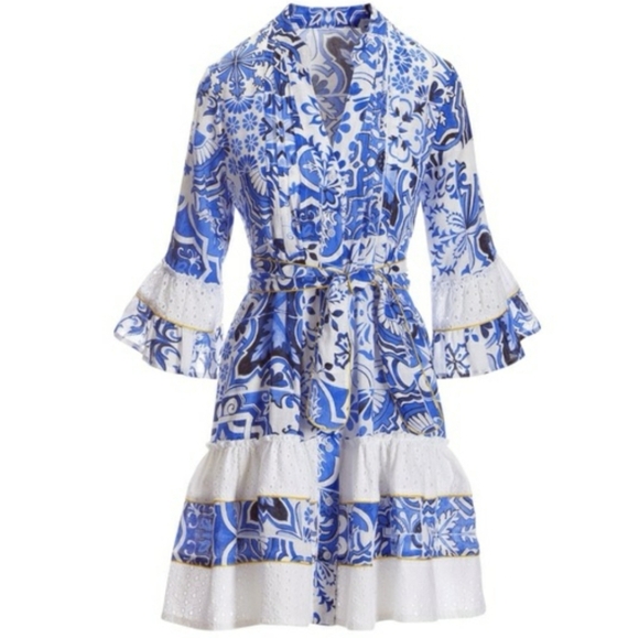 Boston Proper Positano Tile Print Tiered Linen Dress - Picture 7 of 7